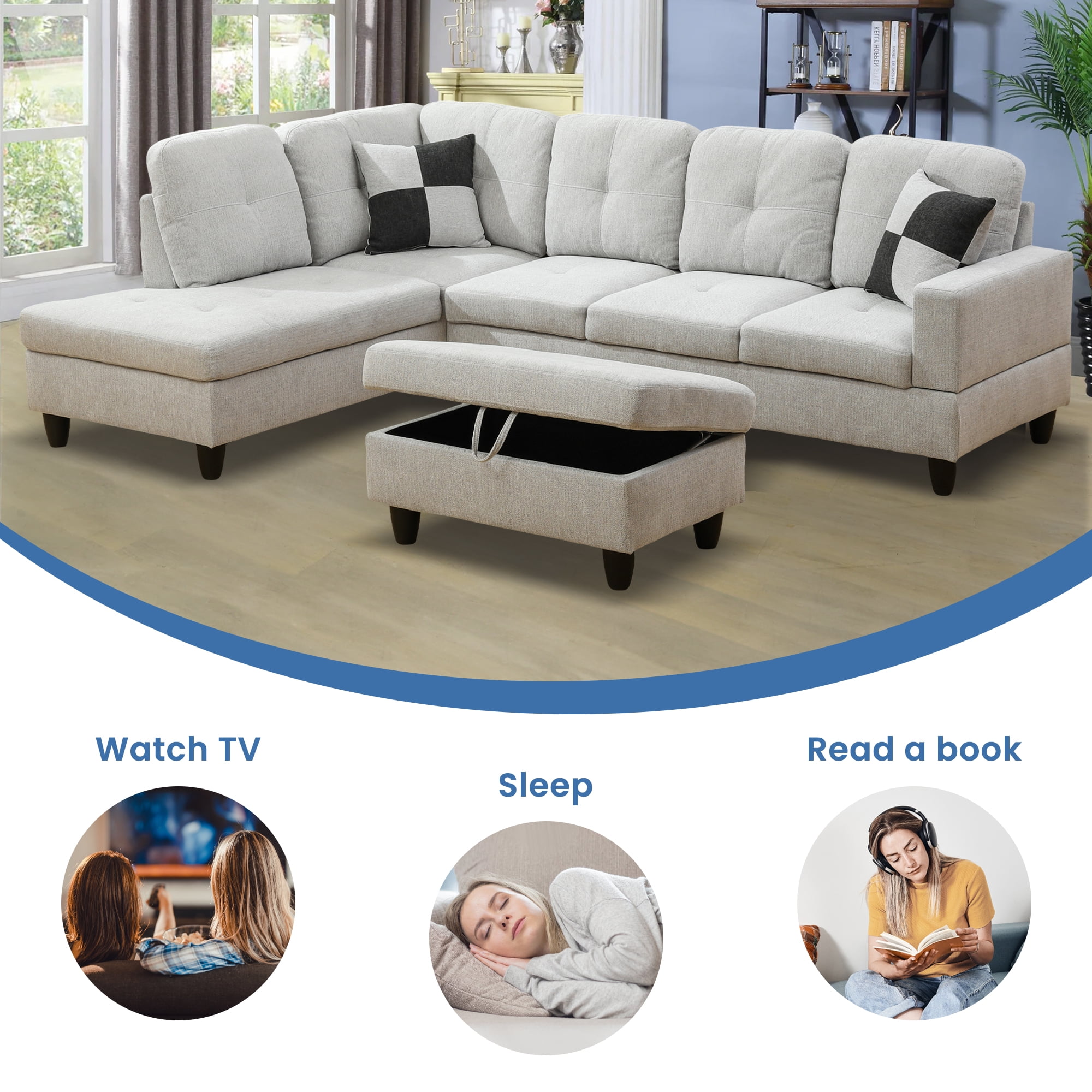 Aukfa 103" Sectional Sofa with Storage Ottoman, L Shape Couch for Living Room, Left Facing Chaise, Flannel, Off White