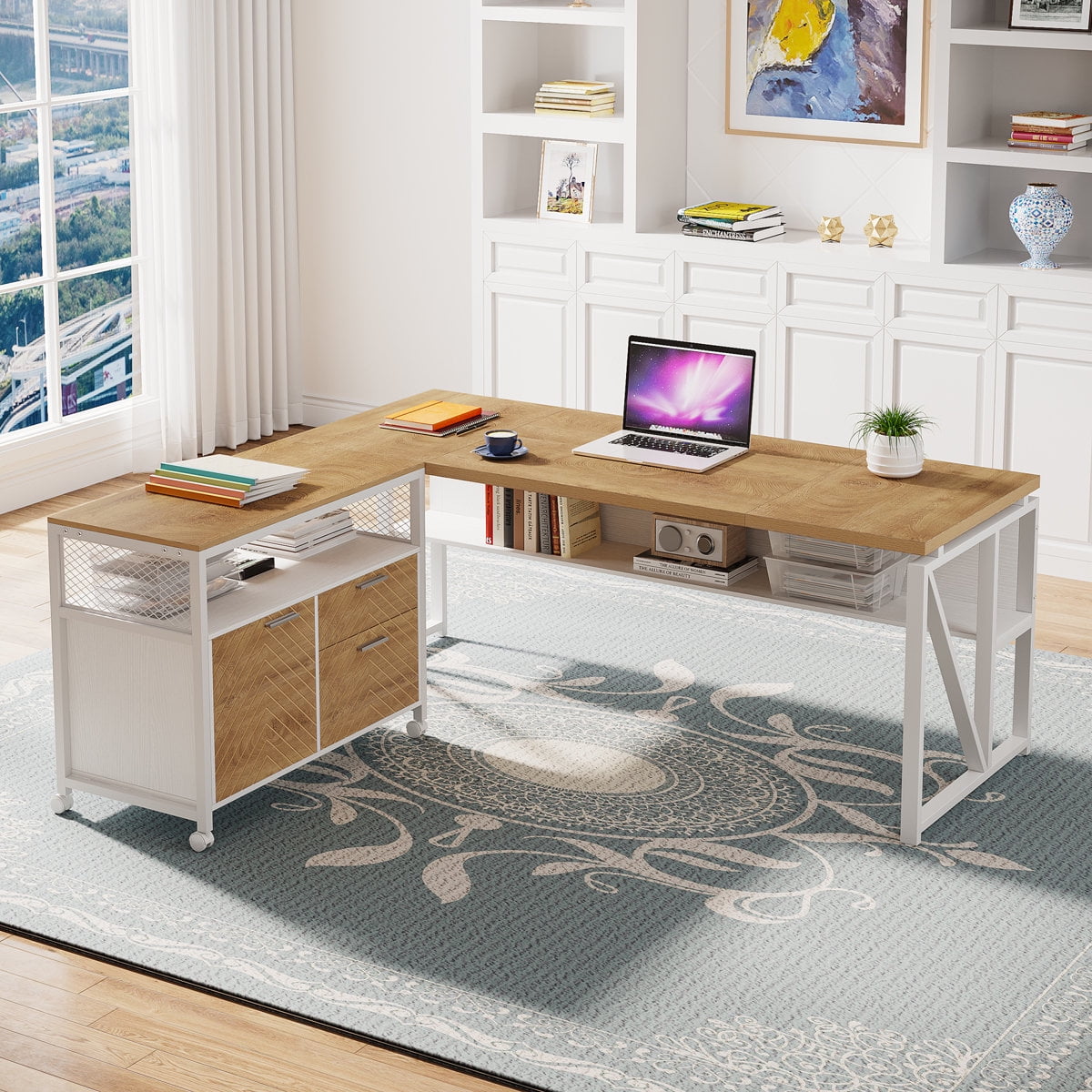 Tribesigns L-Shaped Executive Desk And Lateral File Cabinet (Oak Brown and White）