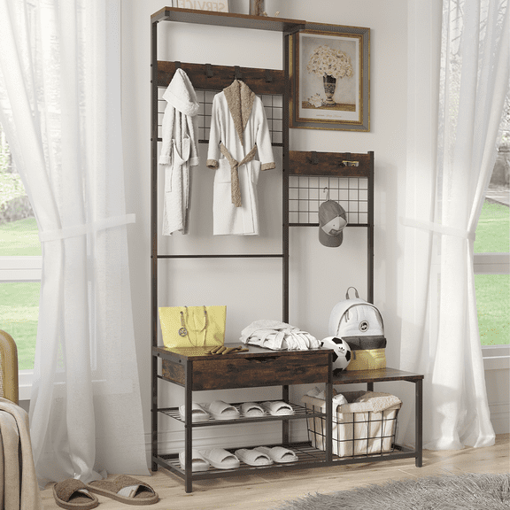 Vacmaster Hall Tree with Bench and Shoe Storage,4-in-1 Hall Tree with Storage Drawer & Soft Cushion - Industrial Entryway Bench Coat Rack, Antique Brown, Parent-Child Design with Stable Metal Frame