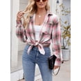 thumbnail image 2 of XCHQRTI Plaid Pocket Shirt for Women Lapel Button Down Blouse Casual Long Sleeve Tops, 2 of 7