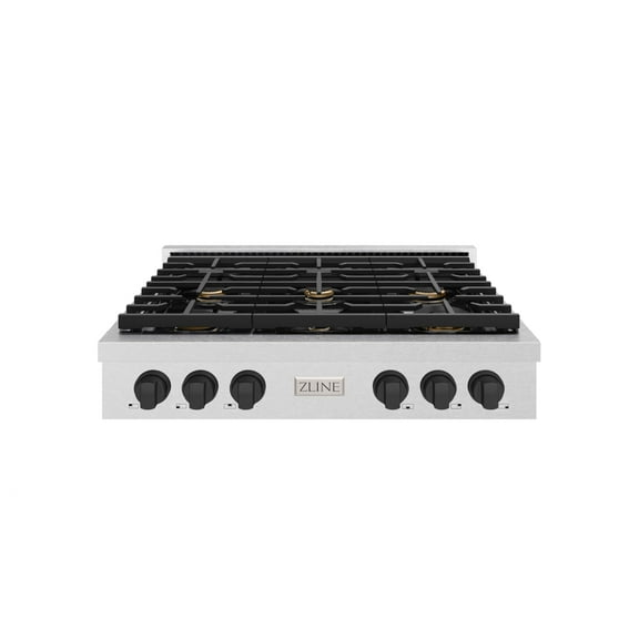 ZLINE 36 in. Autograph Edition Paramount Gas Rangetop with 6 Burners and Porcelain Cooktop in DuraSnow Stainless Steel with Matte Black Accents (SRTSZ-36-MB)