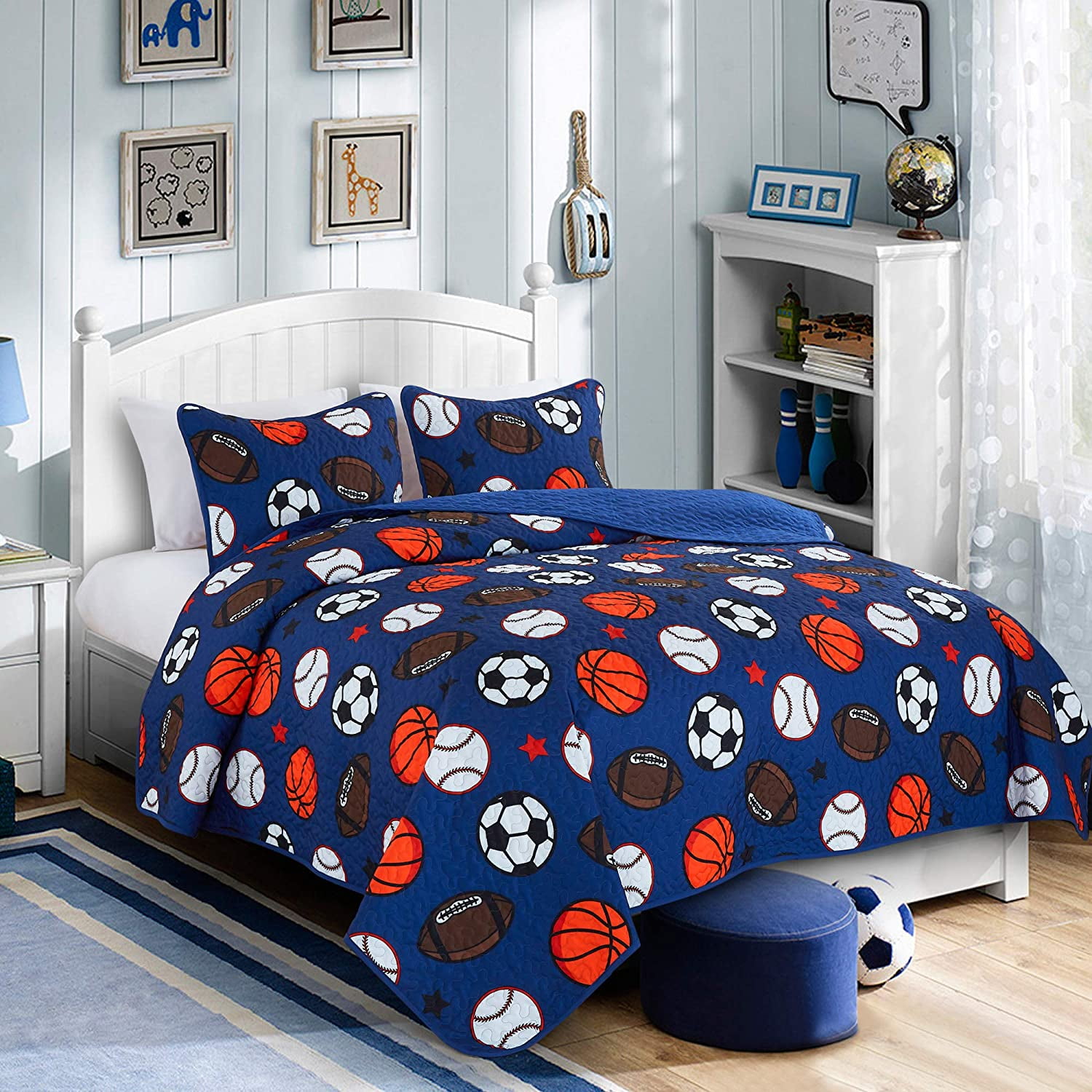 Fun Multi Soccer Ball Baseball Basketball Football Patch Work Themed Pattern Blue Orange Red Tan Brown 3 Piece Boys Sports Quilt Full Queen Set Kids All Over Patchwork All Star Plaid Sport Bedding 