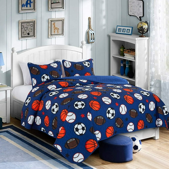 Football Baseball Print Teen/Kids Quilt Set Basketball Sports Fan Design Blue Twin Size Toddler Quilt for Toddler Bed Soccer Theme Quilted Bedspread Coverlet Pillow Sham(Football, Twin)