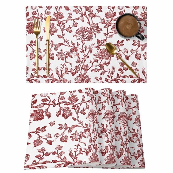 Dark Red Floral Paisley Placemats Set of 2, Boho Leaf Vintage Farmhouse Linen Non-Slip Place Mats Washable Table Mats for Kitchen Dining Table Decorations Indoor/Outdoor