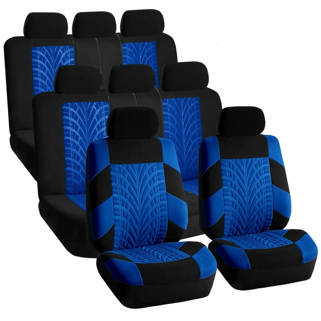 FH Group Universal Fit 3 Rows Cloth Car Seat Covers for SUV Sedan Van, Airbag Compatible, Split Bench Rear Seat - 8 Seaters Blue/Black