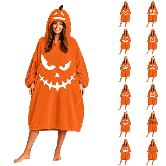 Halloween Gifts, Pumpkin Spooky Gifts, Oversized Flannel Wearable Blanket Hoodies, One Size Fits Most