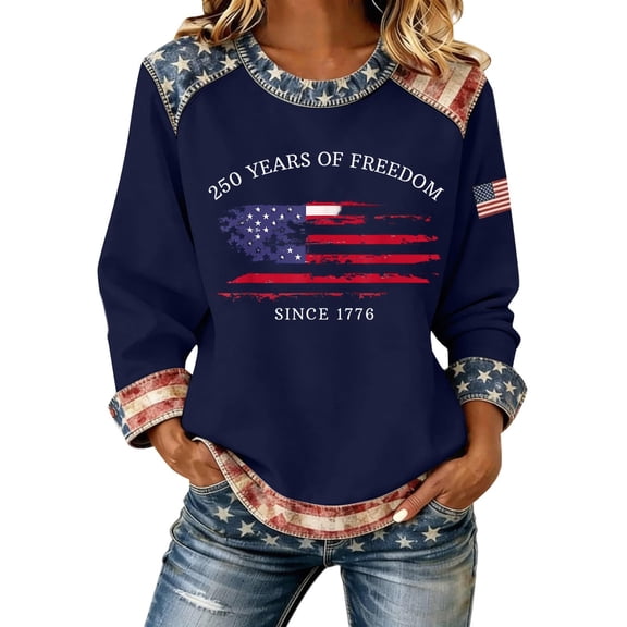 Women'S American Flag Graphic Sweatshirt USA 250th Anniversary Crewneck Pullover Hoodless Top For Daily Casual Wear