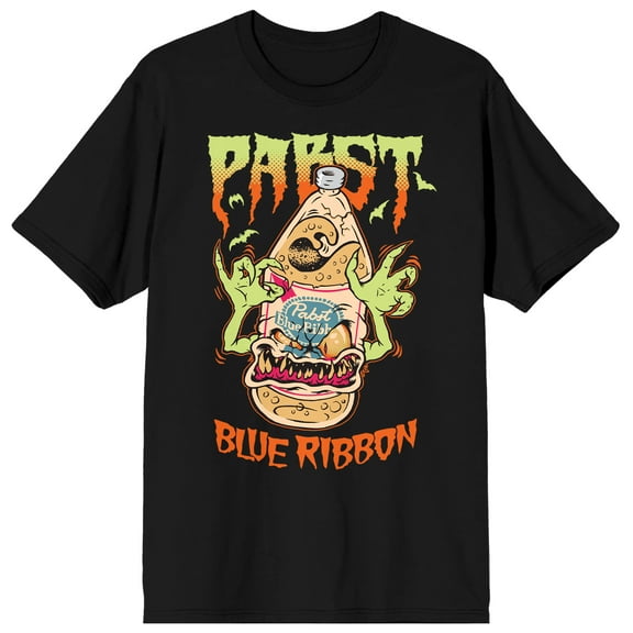 Pabst Blue Ribbon Halloween Beer Bottle Monster Crew Neck Short Sleeve Men's Black T-shirt
-Medium