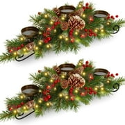 4 Pcs Christmas Table Centerpiece Decoration with 3 Christmas Candle Holders LED Fairy Lights String Lights Battery Operated Artificial Red Berries Pine Cones for Kitchen Indoor Home (Rustic Style)