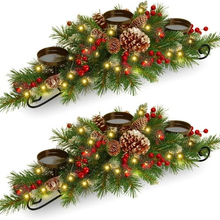 4 Pcs Christmas Table Centerpiece Decoration with 3 Christmas Candle Holders LED Fairy Lights String Lights Battery Operated Artificial Red Berries Pine Cones for Kitchen Indoor Home (Rustic Style)