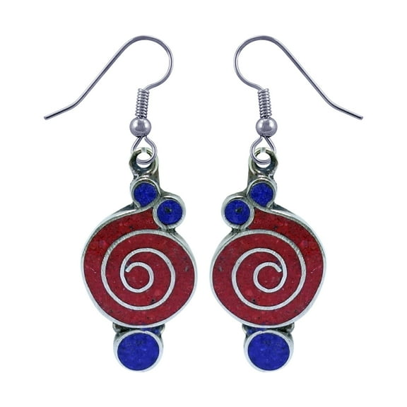 Tibetan Silver Handmade Boho Earrings Coral and Lapis Lazuli Gemstone Fashion Jewelry