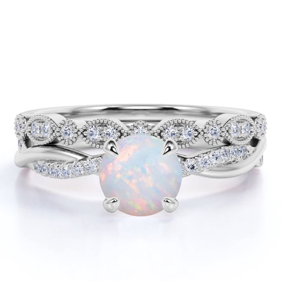JeenMata 1.75 ct Halo Genuine Round Opal and Moissanite Bridal Ring Set in 18K White Gold over Silver