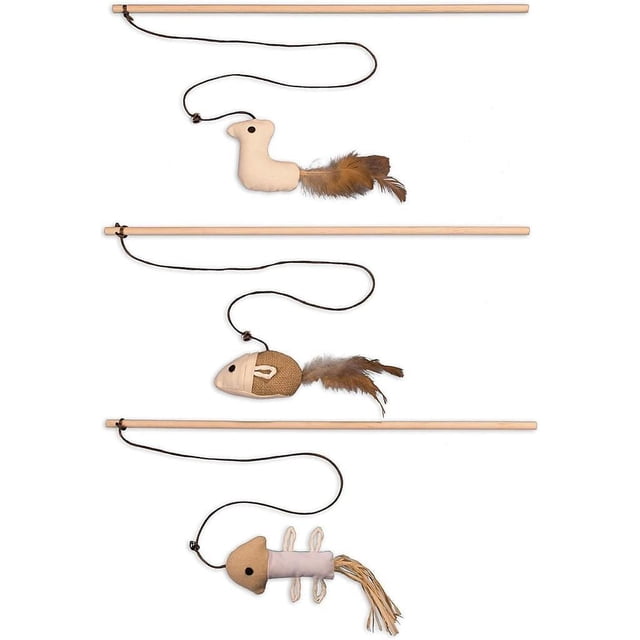 Juguete para gatos de primera calidad | caña de juguete resistente natural con ratón | Juego de 3 animales de peluche para la actividad del gato | juguete para rascar