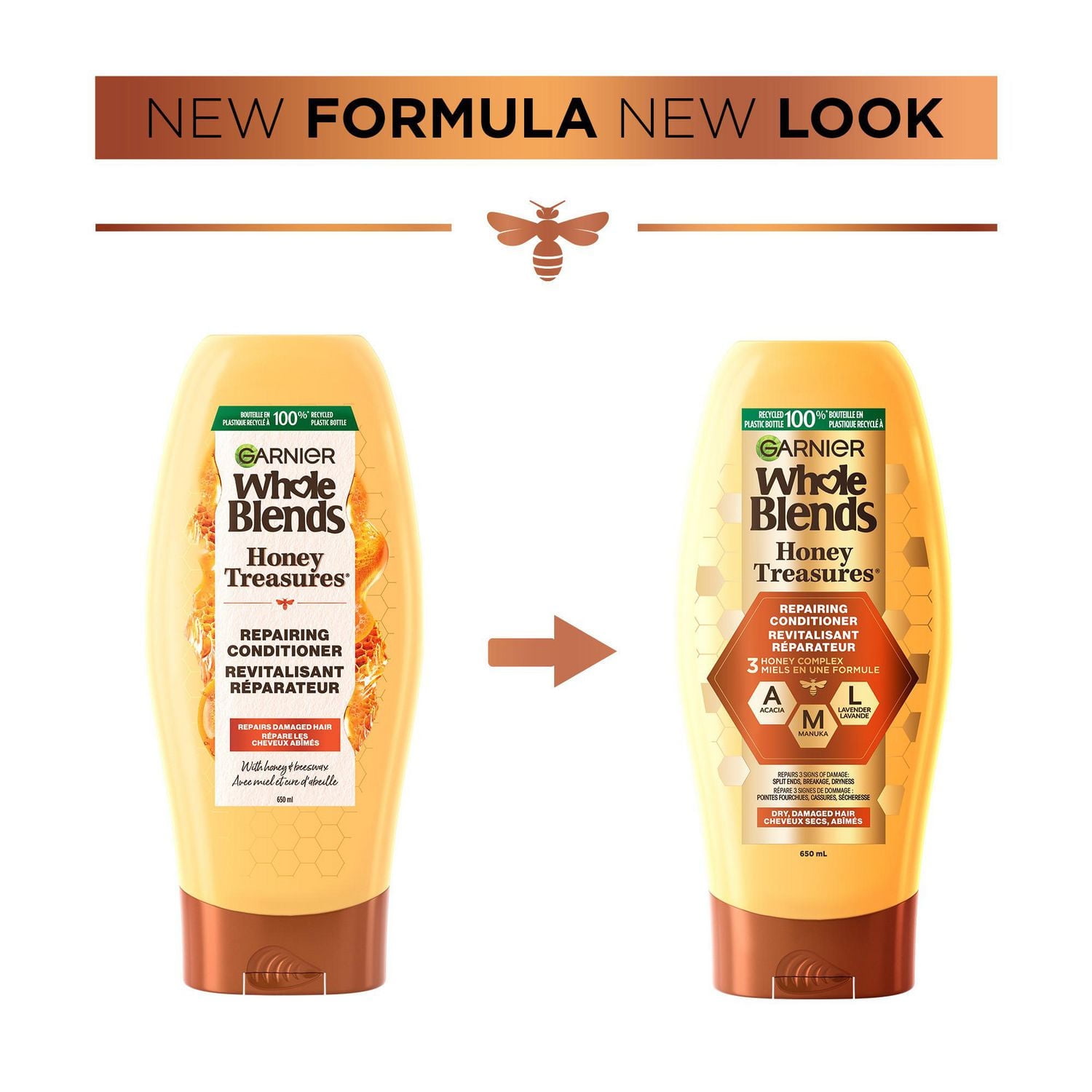 Garnier Whole Blends Honey Treasures Repairing Conditioner for Damaged and Dry Hair, Repairs Split Ends and Breakage, more Moisture, Paraben-Free, 650ml