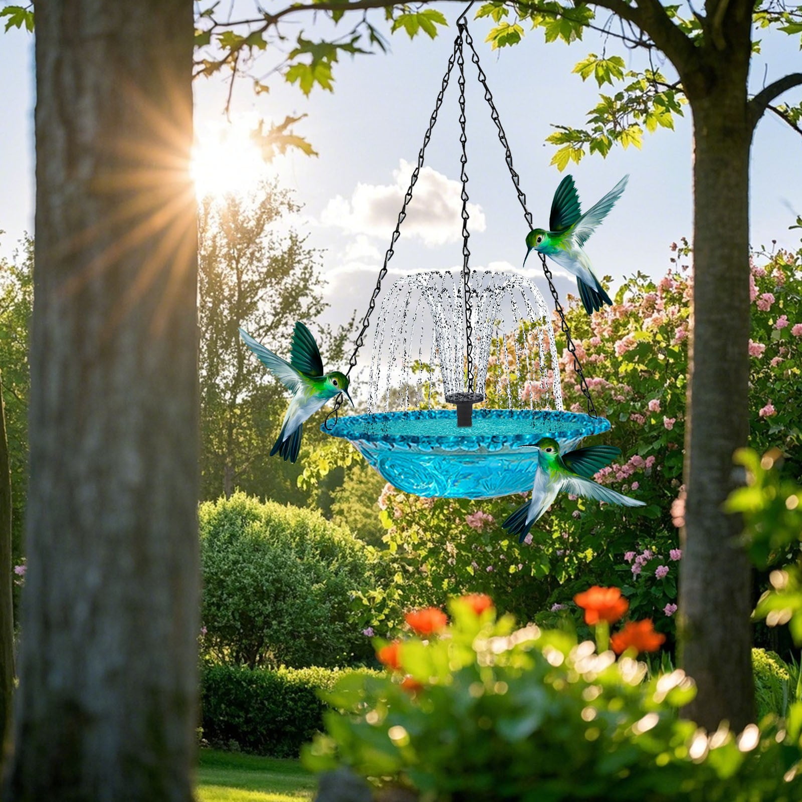 2PCS Solar Powered Bird Bath Fountain & Hummingbird Feeder 2-in-1 Outdoor Hanging Bird Bath for Garden, Backyard, Patio - Automatic Water Fountain for Small Birds with Solar Panel - Weather Resistant