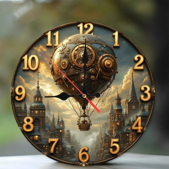 Steampunk Hot Air Balloon Wall Clock Vintage Decor 10-Inch Silent Wooden Wall Clock, Battery Operated (AA Batteries Not Included), Artistic Home Decor