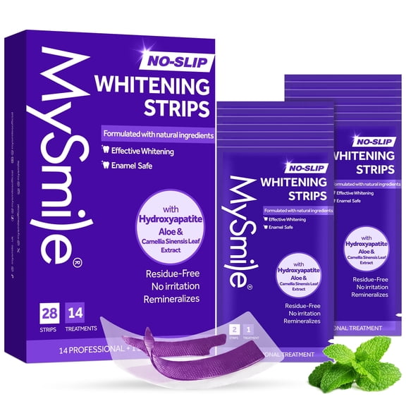 MySmile Purple Teeth Whitening Strips for Teeth Sensitive, Hydroxyapatite-Infuse for Enamel Safe, Non-Slip White Strips, Residue-Free, Teeth Stains Remover Whitening Kit, Mint Flavor, 28pcs