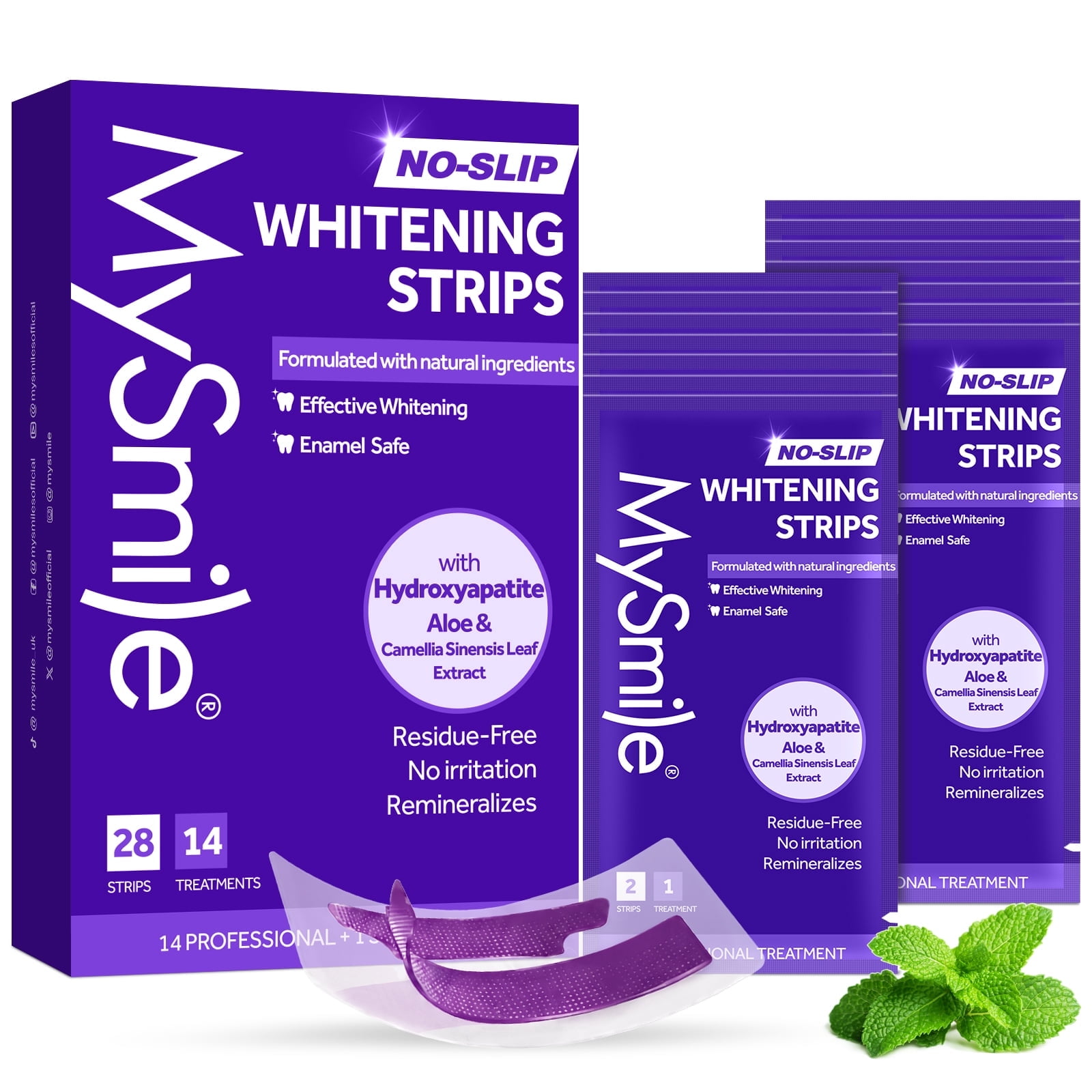 MySmile Purple Teeth Whitening Strips for Teeth Sensitive, Hydroxyapatite-Infuse for Enamel Safe, Non-Slip White Strips, Residue-Free, Teeth Stains Remover Whitening Kit, Mint Flavor, 28pcs