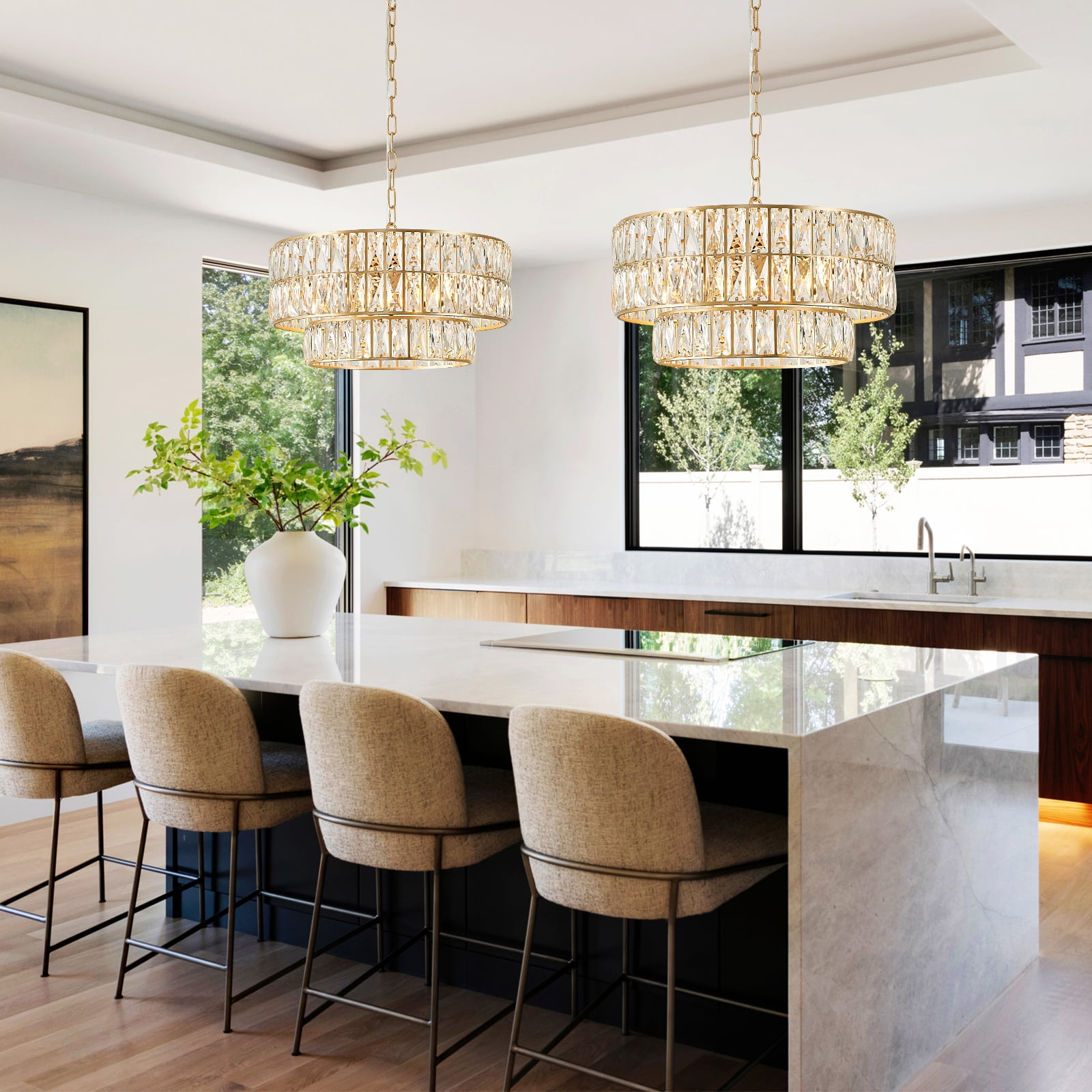 Gold 2-tier Crystal Chandelier 6-Lights Luxury Crystal Pendant Chandelier 20'' Drum Semi Flush Mount Ceiling Lights for Dining Room Foyer Living Room Bedroom Kitchen