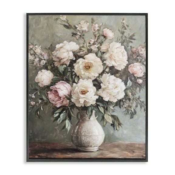 Stupell Industries Pink Peonies Ornate Vase Plants & Flowers Painting Black Framed Art Print Wall Art, 11 x 14