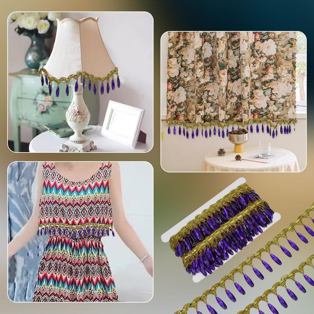 10 Yard Hanging Beads Fringe Lace 1.7 inch Wide Polyester Sewing Fringe Tassel Trim Gold Trim with Blue Purple Pendant for Sewing Cafts Wedding Party Decoration diy