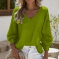 thumbnail image 2 of AINIYS Women's V-Neck -Knit Lantern Sleeve Oversized Sweater Stylish Basic Layering Casual Daily Wear Blouse Green S, 2 of 3