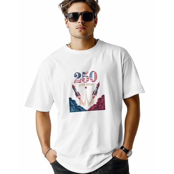 Men's T Shirts, Retro Red Blue Rockets Stars Cloud T-Shirt for Men Crew Neck Tees Cotton Tops, White, M