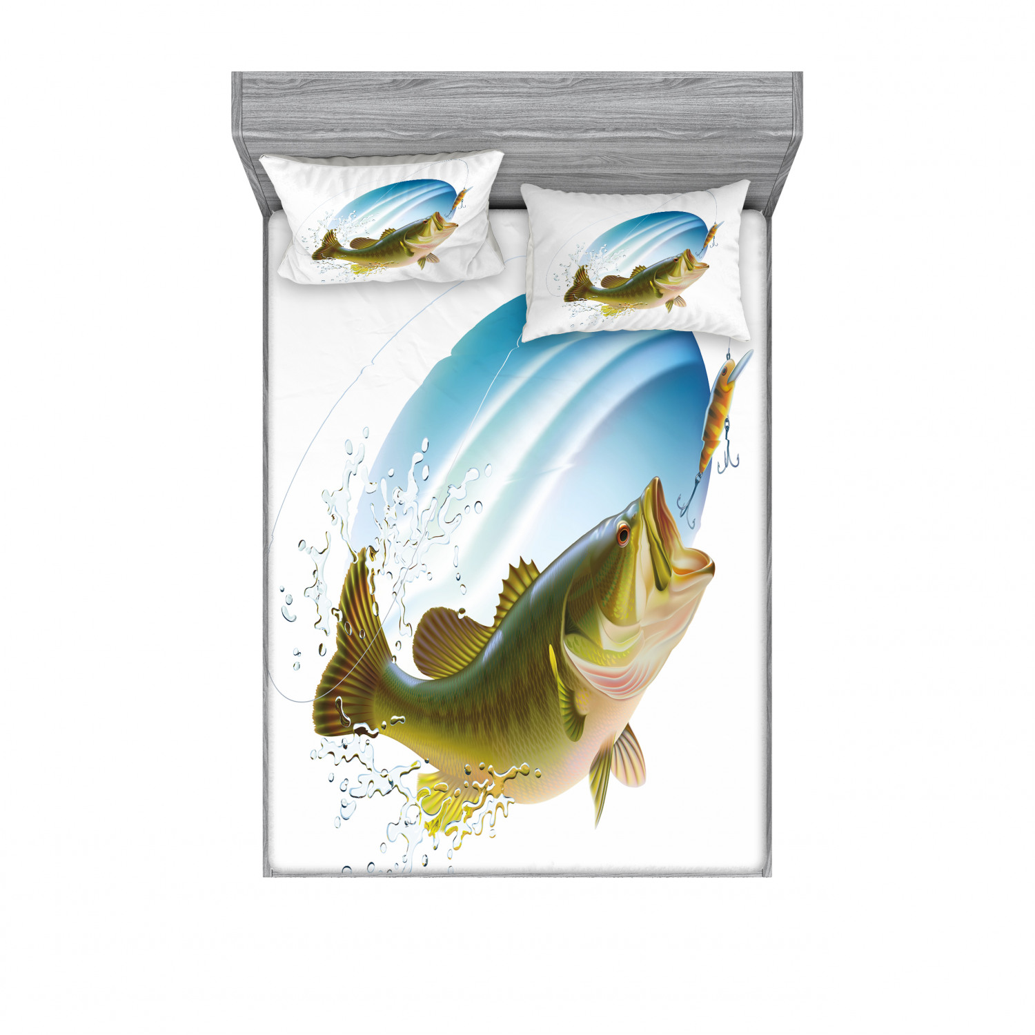 Fishing Bedding Set with Sheet & Covers, Largemouth Sea Bass Catching a