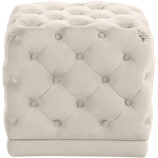 Meridian Furniture Stella Collection Modern | Contemporary Velvet Upholstered Ottoman / Stool with Deep Button Tufting and Solid Wood Frame, Cream, 18" W x 18" D x 17" H