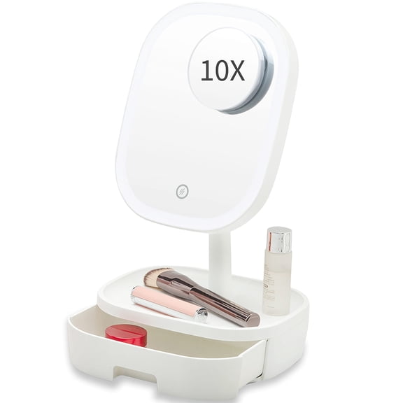 Lighted Makeup Mirror with Lights - SGUTEN 10X Magnifying LED Lighted Up Vanity Makeup Mirror with Stand,Intelligent Touch 3 Color Stepless Dimming 180°Rotation Desk Mirror for Traveling,White