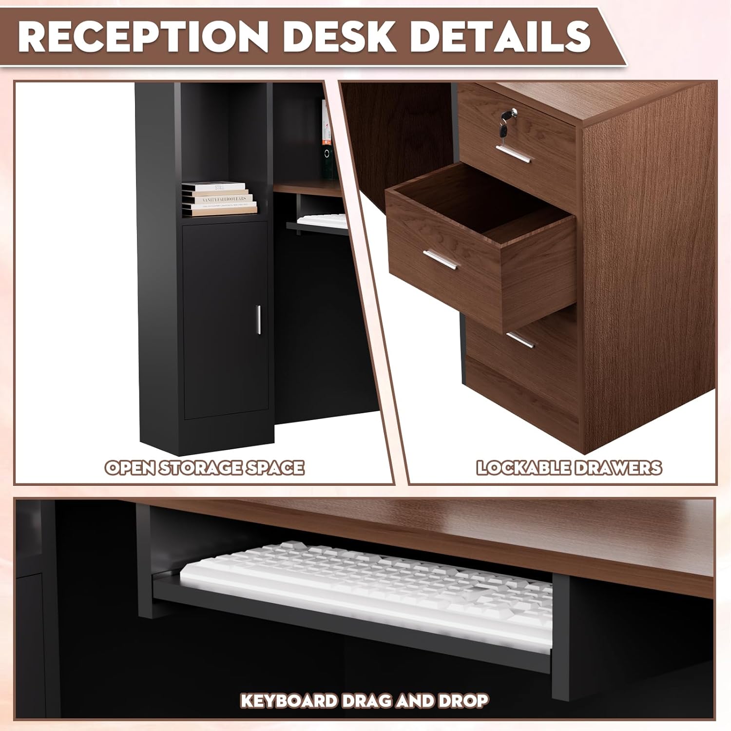 Esheno Commercial L Shaped Reception Desk 87 inch Wooden Front Counter with Lockable Drawers Cabinet Walnut Right Cabinet for Lobby Office Checkout