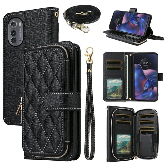 Dswteny Argyle Wallet Case for Motorola Moto Edge 2022/MotoEdge 5G UW 2022 with Wrist Strap Shoulder Strap, Flip Credit Card Holder Cell Phone Cover for Gen 3 XT2205-1 XT2205-2 6.6 Women Girls Black