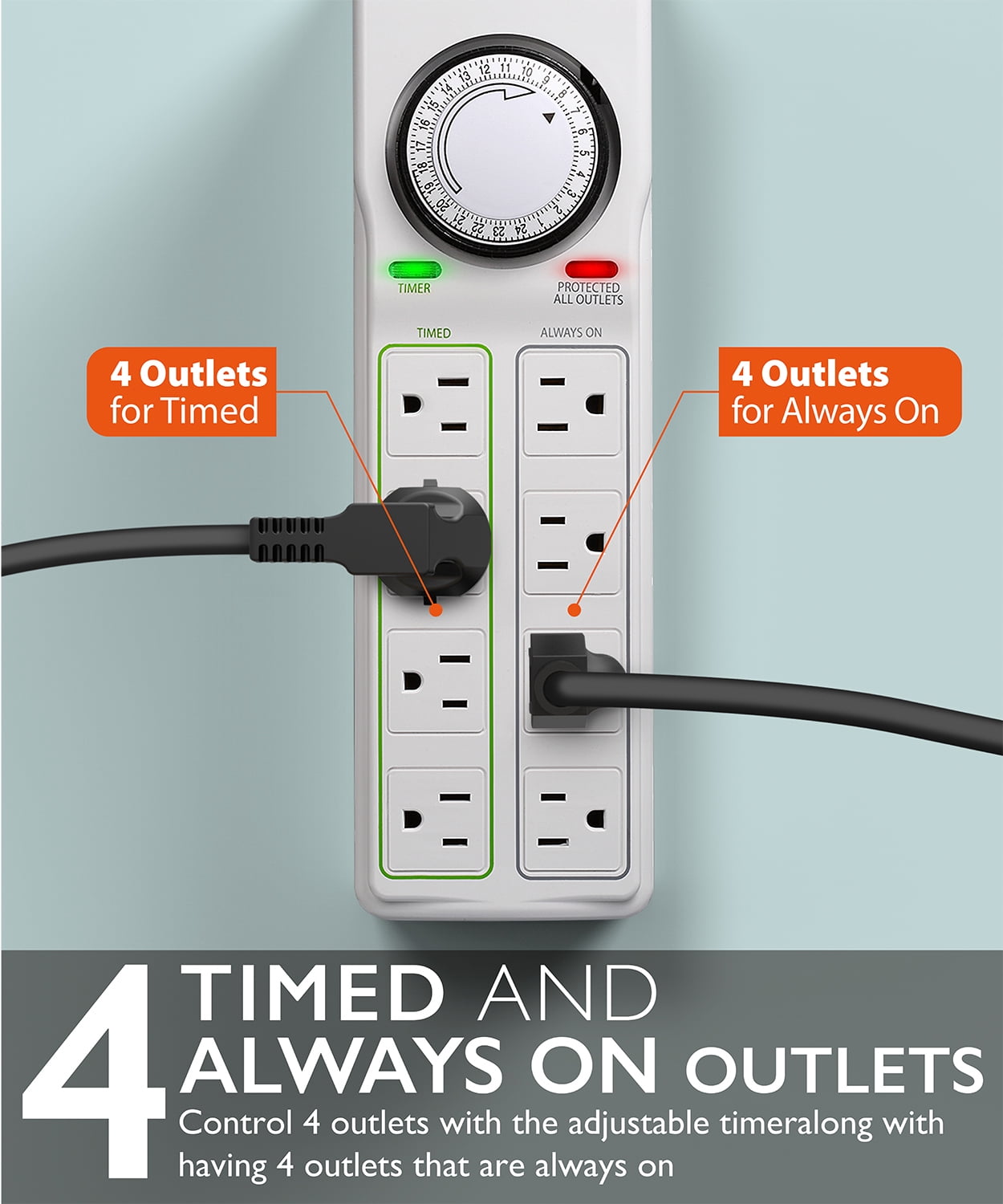 Fosmon Power Strip with Timer, 8-Outlet Surge Protector with Mechanical Timer, Indoor Grounded Electrical Outlet for Grow Lights, Reptile, Aquarium, (4 Outlets Timed, 4 Outlets Always On), ETL Listed