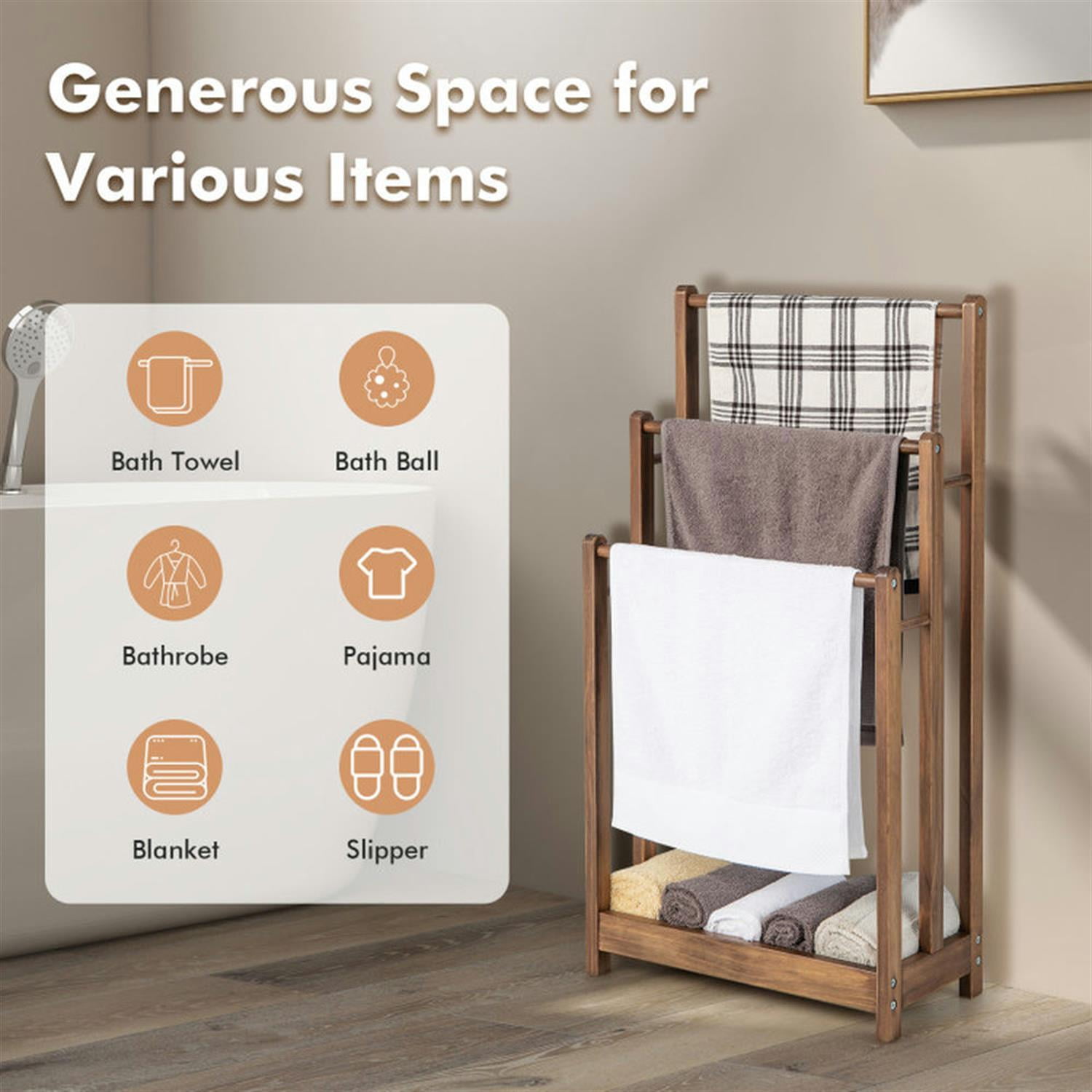 Demi Bonn Free Standing Towel Rack for Bathroom, 3-Bar Blanket Rack with Bottom Storage Shelf, Blanket Holder, Drying and Display Rack, Brown