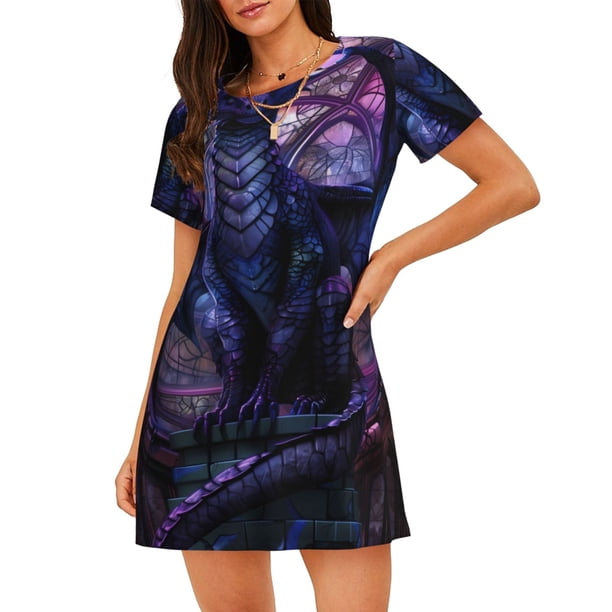 Balery Fantasy Dragon In Cathedral Camisón de manga corta con cuello redondo para mujer, cómodo y elegante.