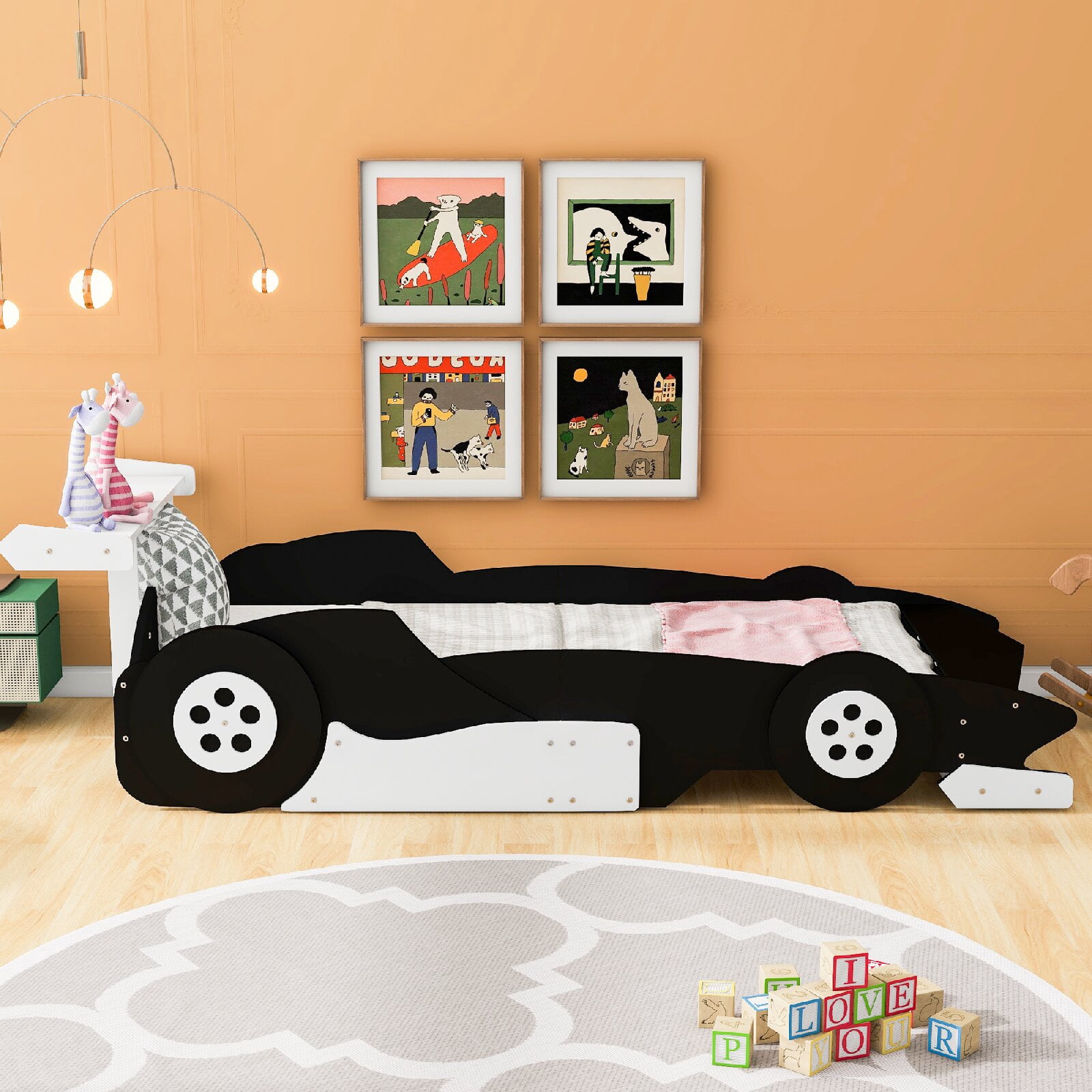 Twin Size Race Car-Shaped Platform Bed Frame with Wheels, Wooden Car Shaped Bed for Bedroom, Apartment, Easy Assembly, No Box Spring Needed, Mattress Not Included, Black