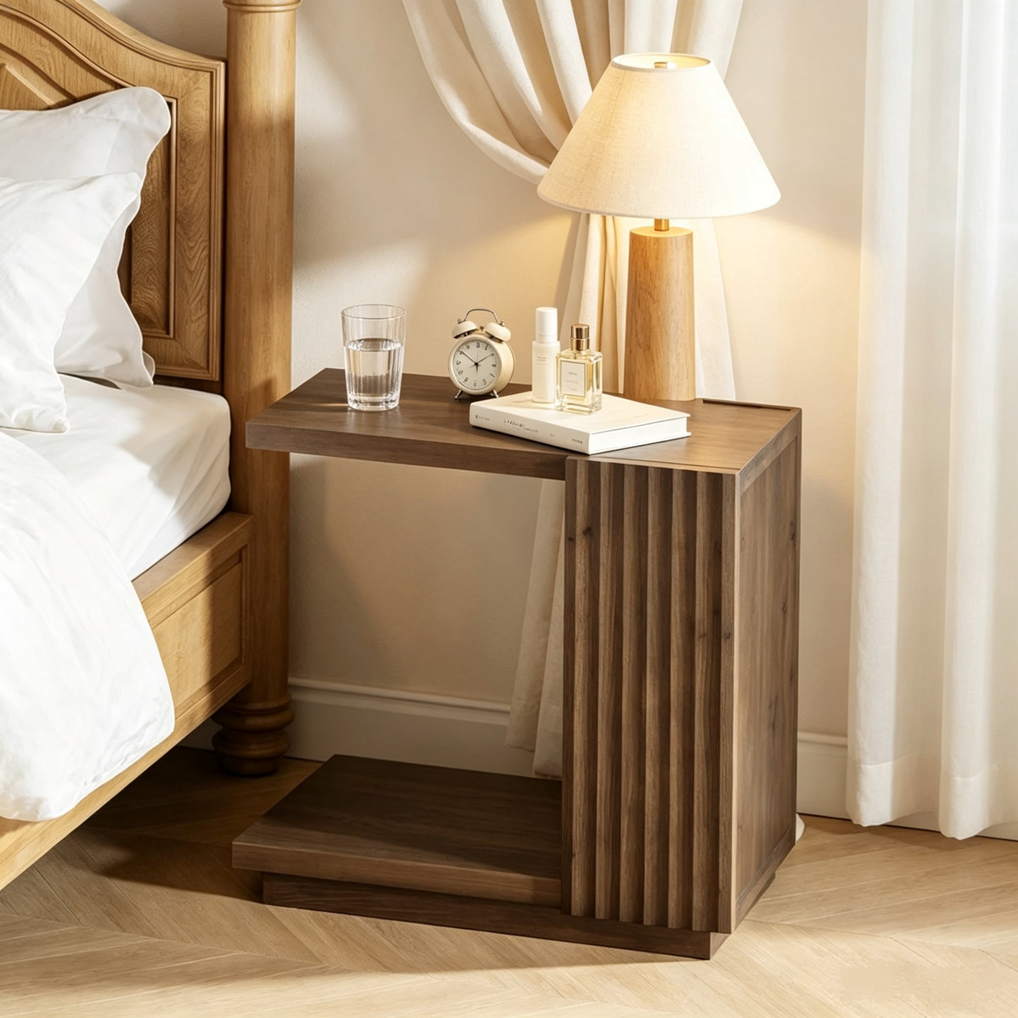 Wood C Shaped Side Table with Fluted Panels for Bedroom