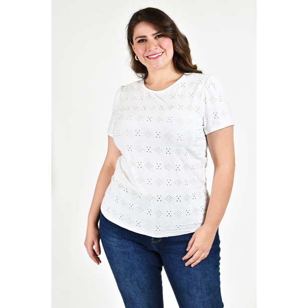 Blusa con detalles calados Roman Fashion /Tallas Extras, 016 (Blanco) blanco 40