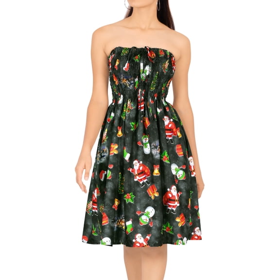 HAPPY BAY Women's Casual Beach A line Slit Smocked Mini Dress Tube Top Evening Short Strapless Christmas Tree Dress for Women One Size Ink, Santa Gifts