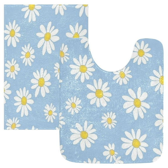 2 Piece Soft Bathroom Rug Set White Daisies Pattern Bath Mat and U-Shaped Toilet Contour Rug (16"x24" 20"x24")