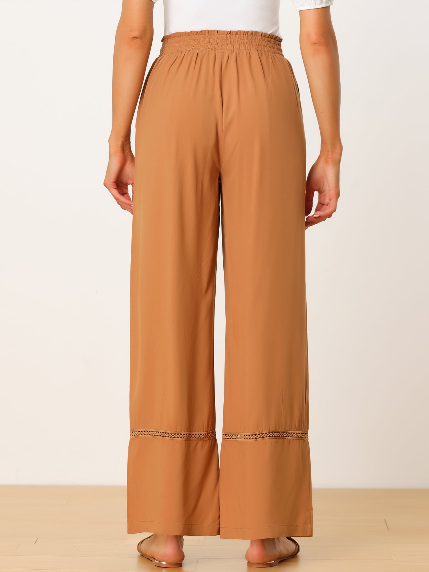 Unique Bargains Women's Loose Drawstring Wide Leg Palazzo Trousers S Dusty Orange