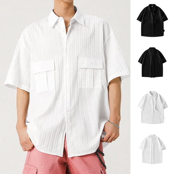 Hinvhai Mens Short Sleeve Button Down Shirts Work Casual Button Up Relaxed Fit Summer Shirt with Two Pockets White XL(XL)