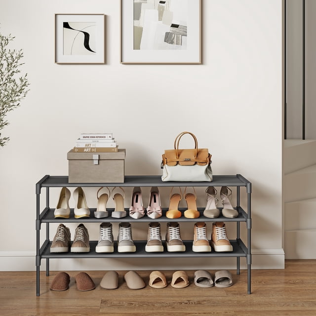 SONGMICS Zapatero de 3 Niveles, Almacenamiento de Calzado, Estantería de Zapatos, 29.7 x 91.8 x 53.5 cm, Negro Tinta