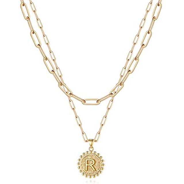 Gold Plated Dainty Layering Paperclip Link Chain Necklace Personalized Coin Initial Layered Gold Necklaces for Women, #R