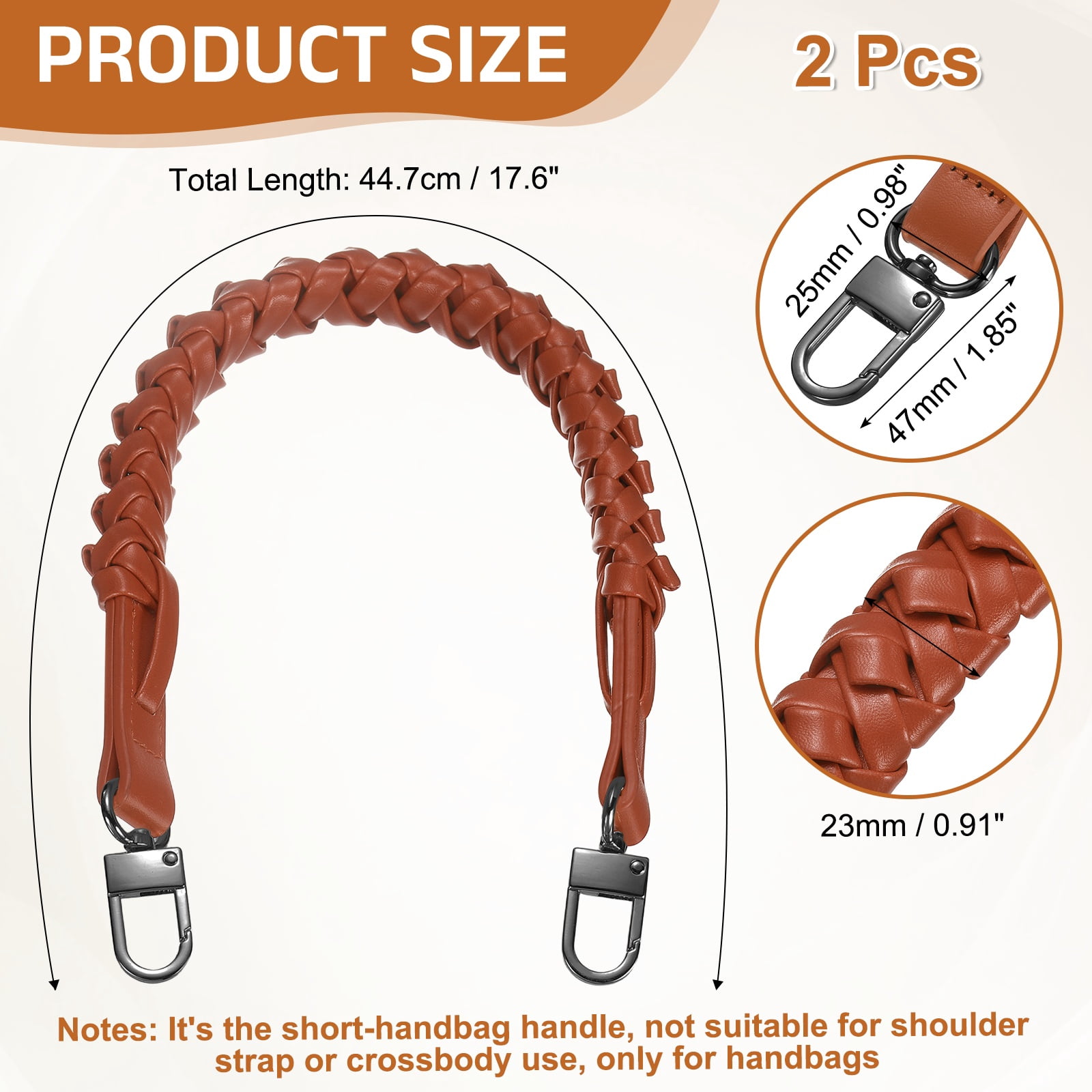 Braided Purse Strap, 2Pack 44.7cm/17.6" Orange-Red PU Leather with Black Buckles for Underarm Bags, Handbags