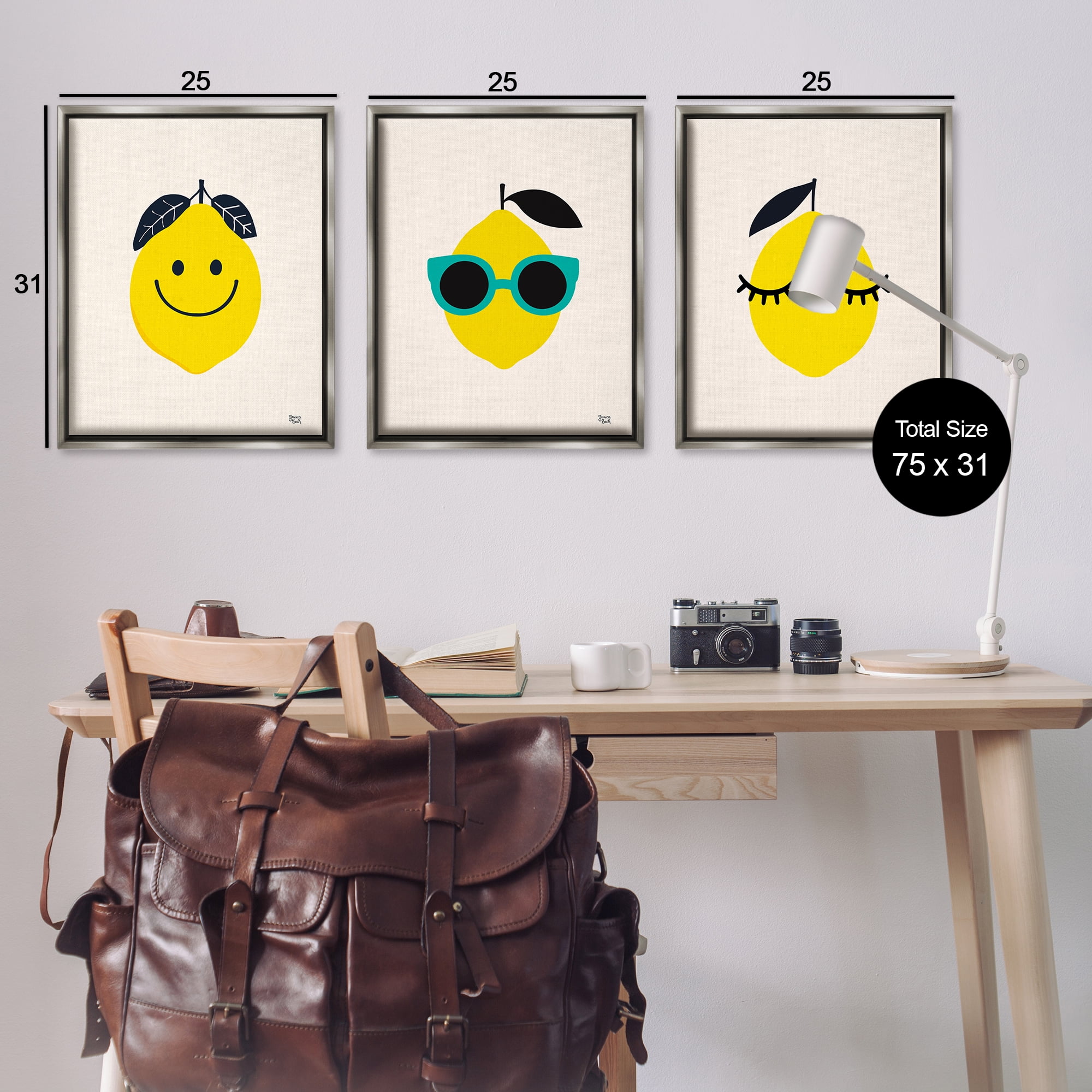 Stupell Industries Hip Summer Lemon Faces Food & Beverage Painting Gray Floater Framed Canvas Art Print Wall Art, 25 x 31, Set of 3