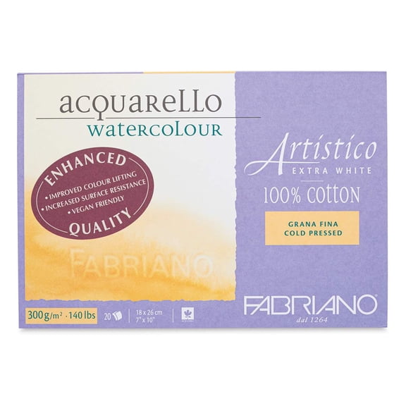 Fabriano Artistico Extra White Watercolor Block, 140 lb./300 gsm, Cold Press, 20 Sheets, 7" x 10"