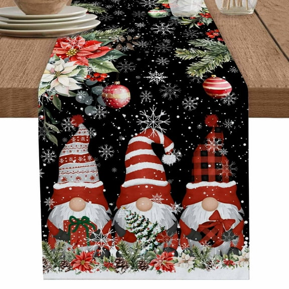 nqOlkjepod Black Christmas Table Runner 108 Inches Long Farmhouse Dress Scarves, Gnomes Xmas Tree Poinsettia Eucalyptus Dining Tablerunner for Coffee Table/Kitchen Island/Party Décor, 13" x 108"