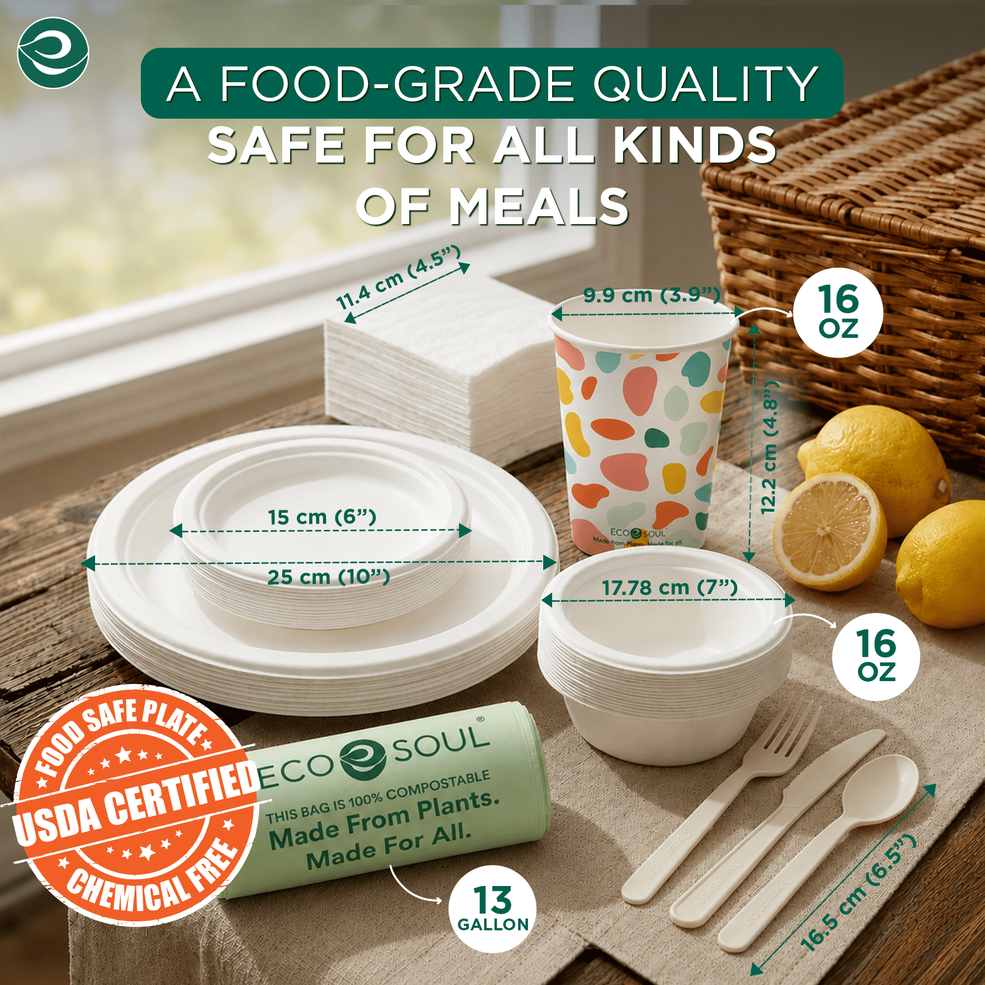 EcoSoul Compostable Dinnerware Set for 40 Guests, with Sugarcane Bagasse Plates, Bowls, Cups, Cutlery, Napkins and Compost Waste Bags - 335 Count