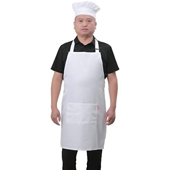 Bib Aprons Set for Women and Men, Kitchen Chef Apron with 2 Pockets and 40" Long Ties, Plus Size Adjustable Apron and Hat for Cooking - 32" x 28" - White